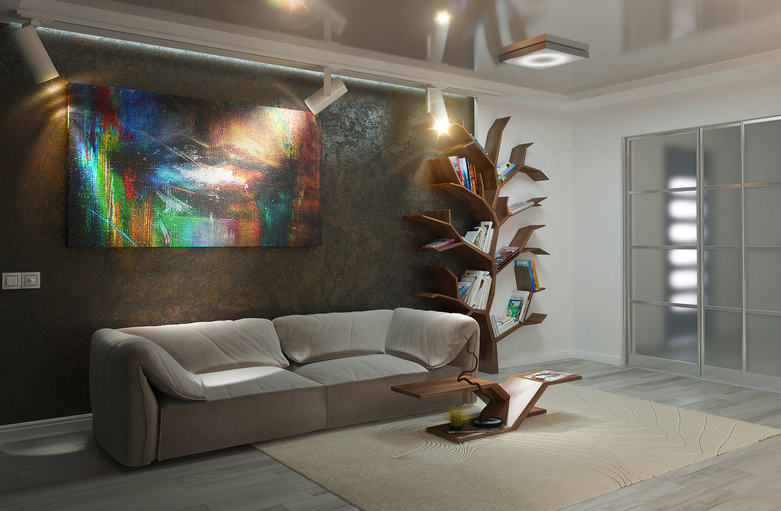 Modern living room interior design, 3d render